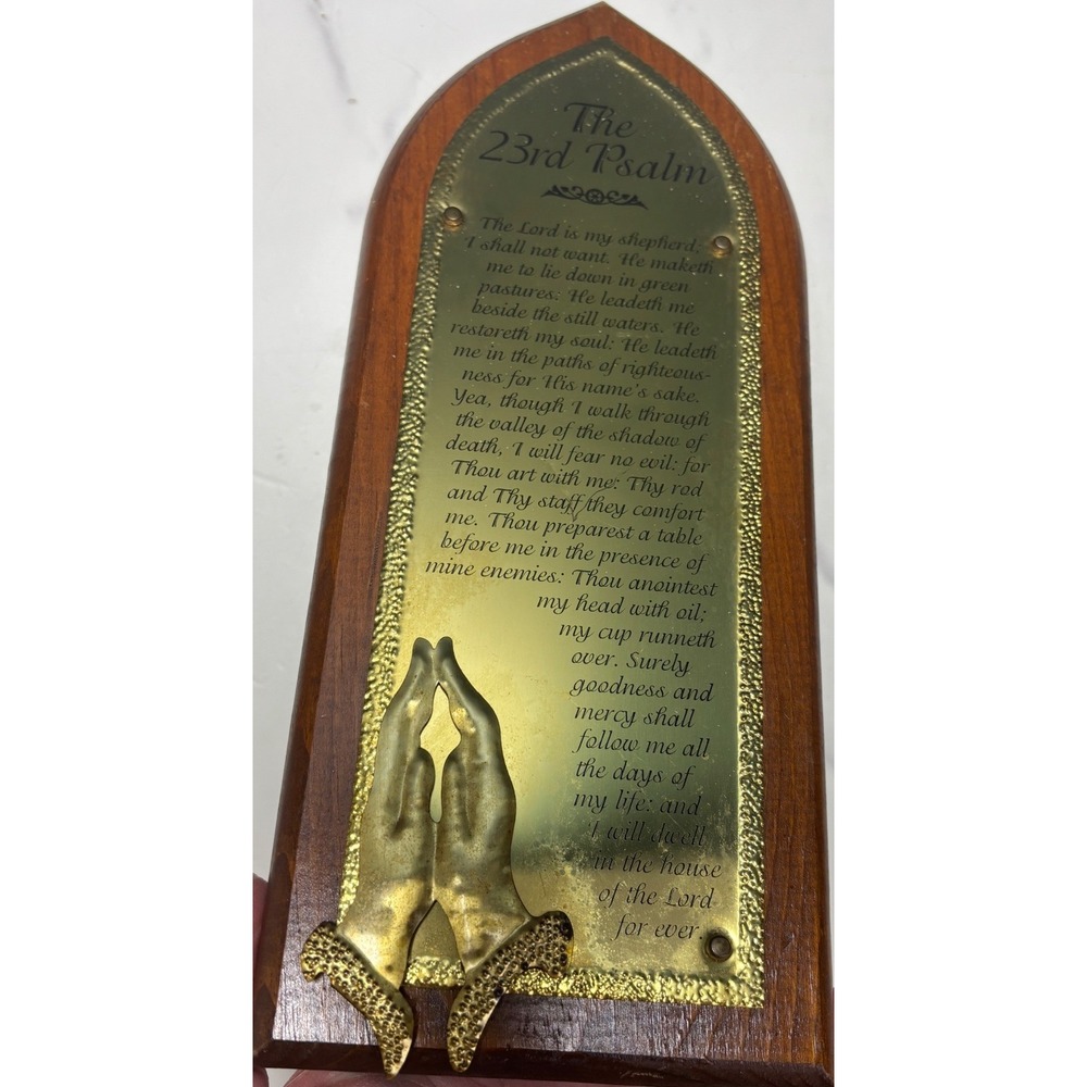 Vintage 23rd Psalm Brass Wood Wall Plaque Praying Hands Religious Decor